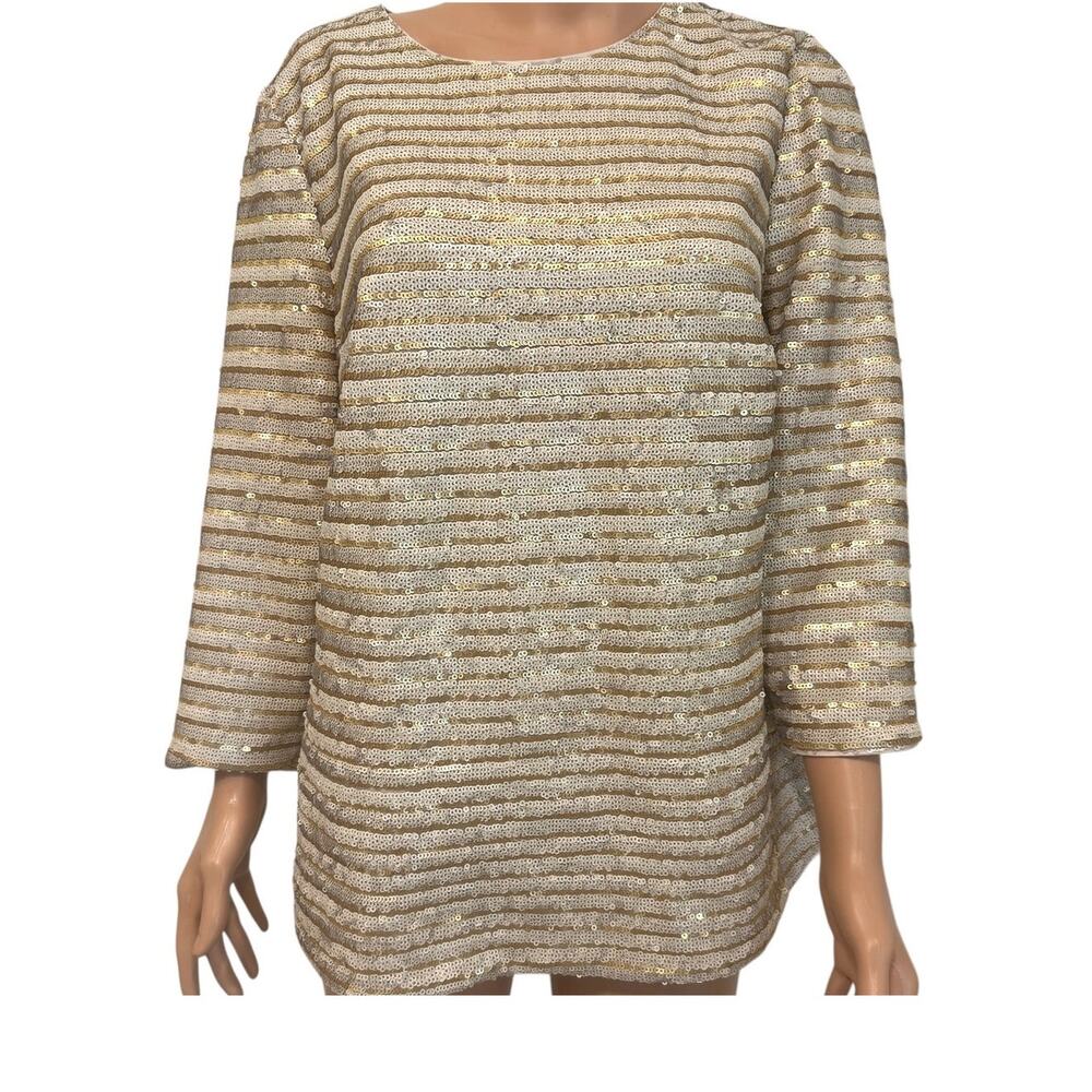 Boden 14 gold sequin 1/2 sleeve top formal blouse lined striped TB 3264